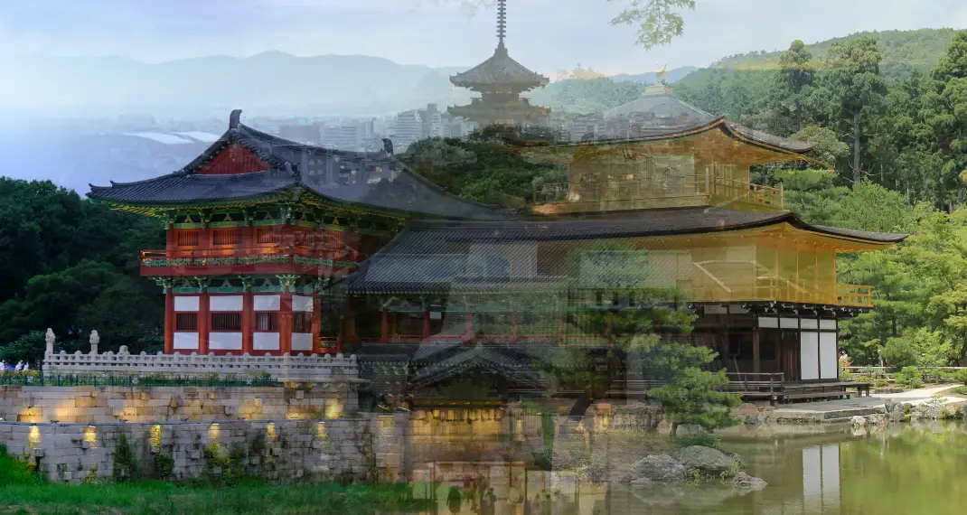 Kyoto cityscape featuring Kiyomizu-dera Temple, autumn foliage and surrounding mountains, a must-see highlight for first-time visitors to Japan