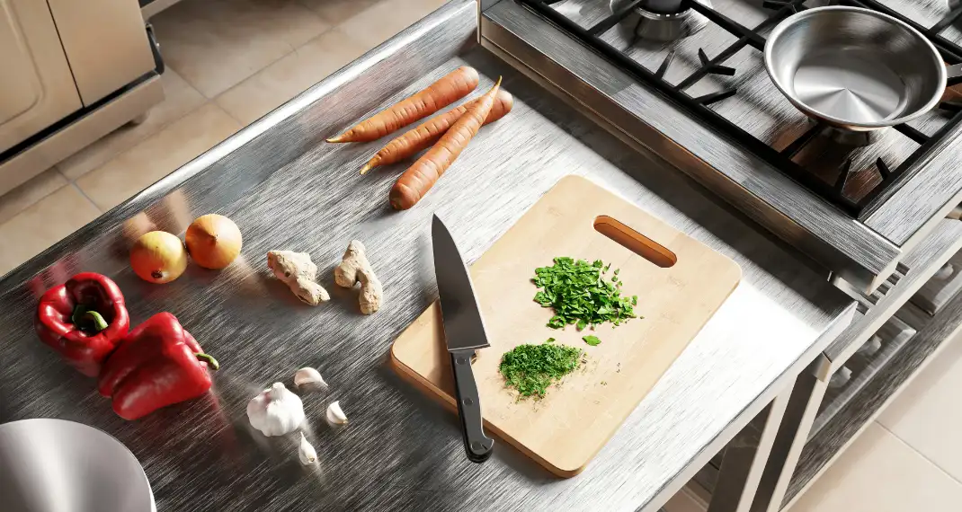 Kitchen counter with vegetables and a knife