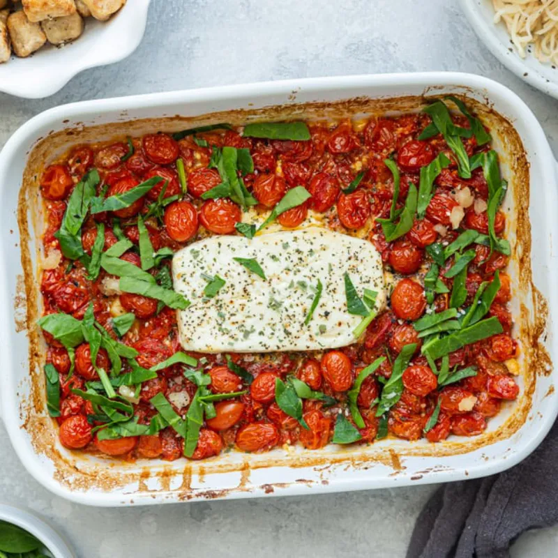 Large baking dish with molten, creamy feta cheese, burst cherry tomatoes and fresh basil mixed with cooked pasta