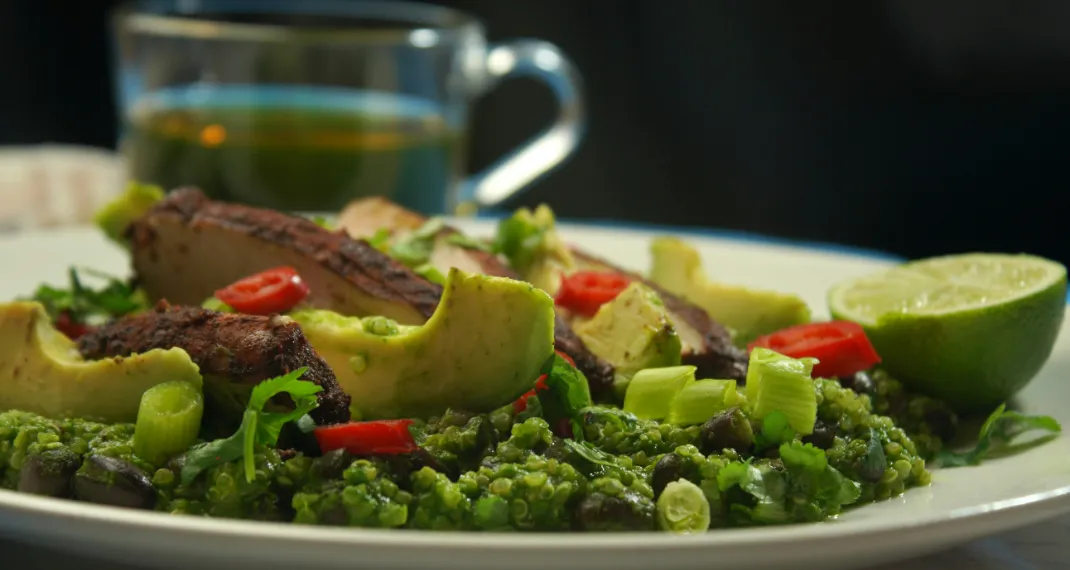 Healthy grilled chicken with black beans and avocado salad